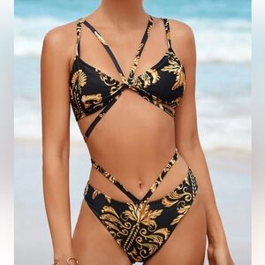 Black & Gold Cross-Back Floral Print Bikini Set